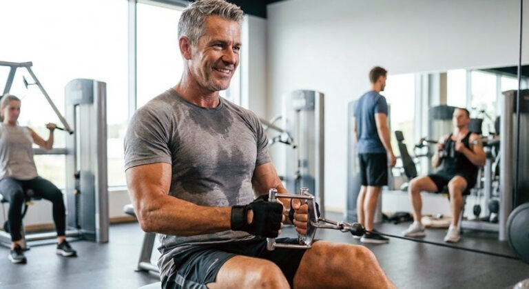 homem com mais de 40 anos fazendo musculação