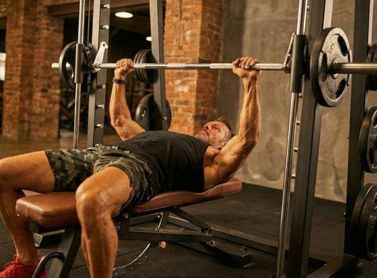 homem fazendo o exercício supino reto no smith