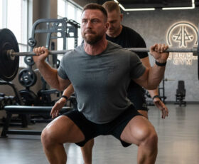 homem fazendo agachamento livre com barra com ajuda de um parceiro de treino