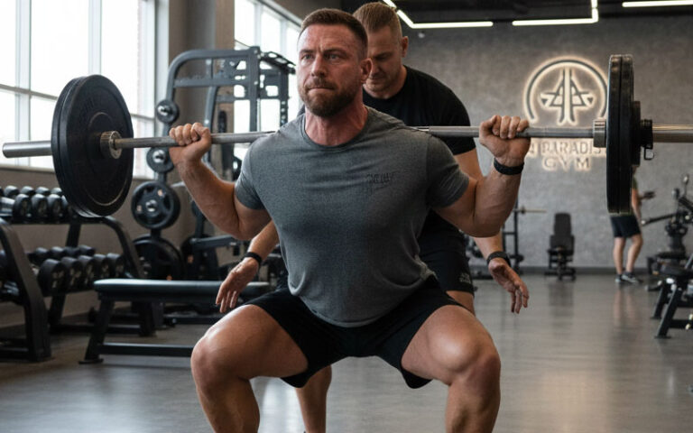 homem fazendo agachamento livre com barra com ajuda de um parceiro de treino