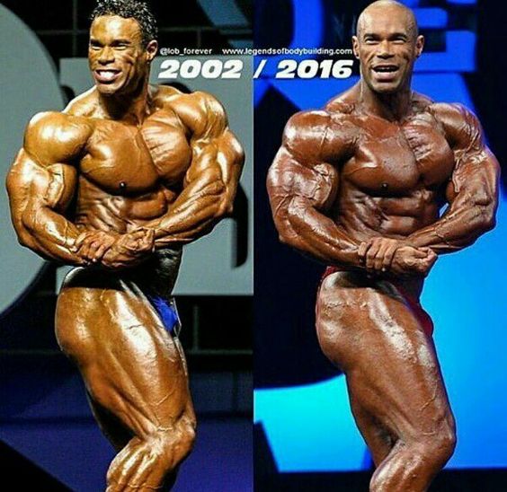 Kevin Levrone em 2002 (no auge) e em 2016 de volta ao Mr. Olympia, com 51 anos