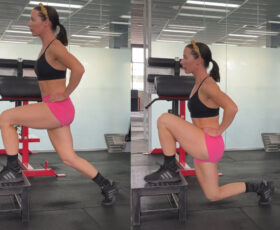 mulher fazendo o exercício afundo no step com o peso do corpo