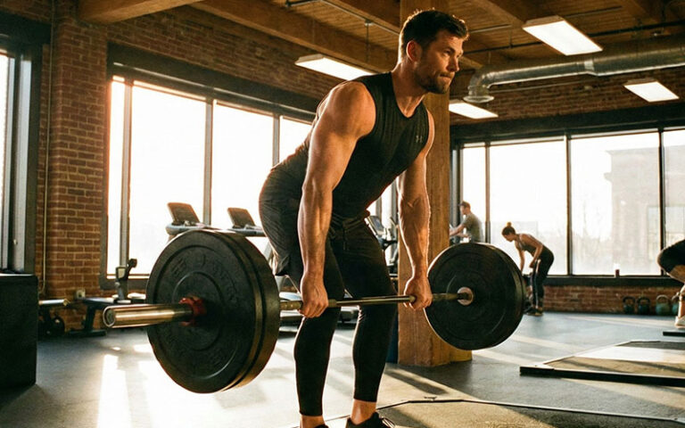 homem fazendo remada curvada com barra livre